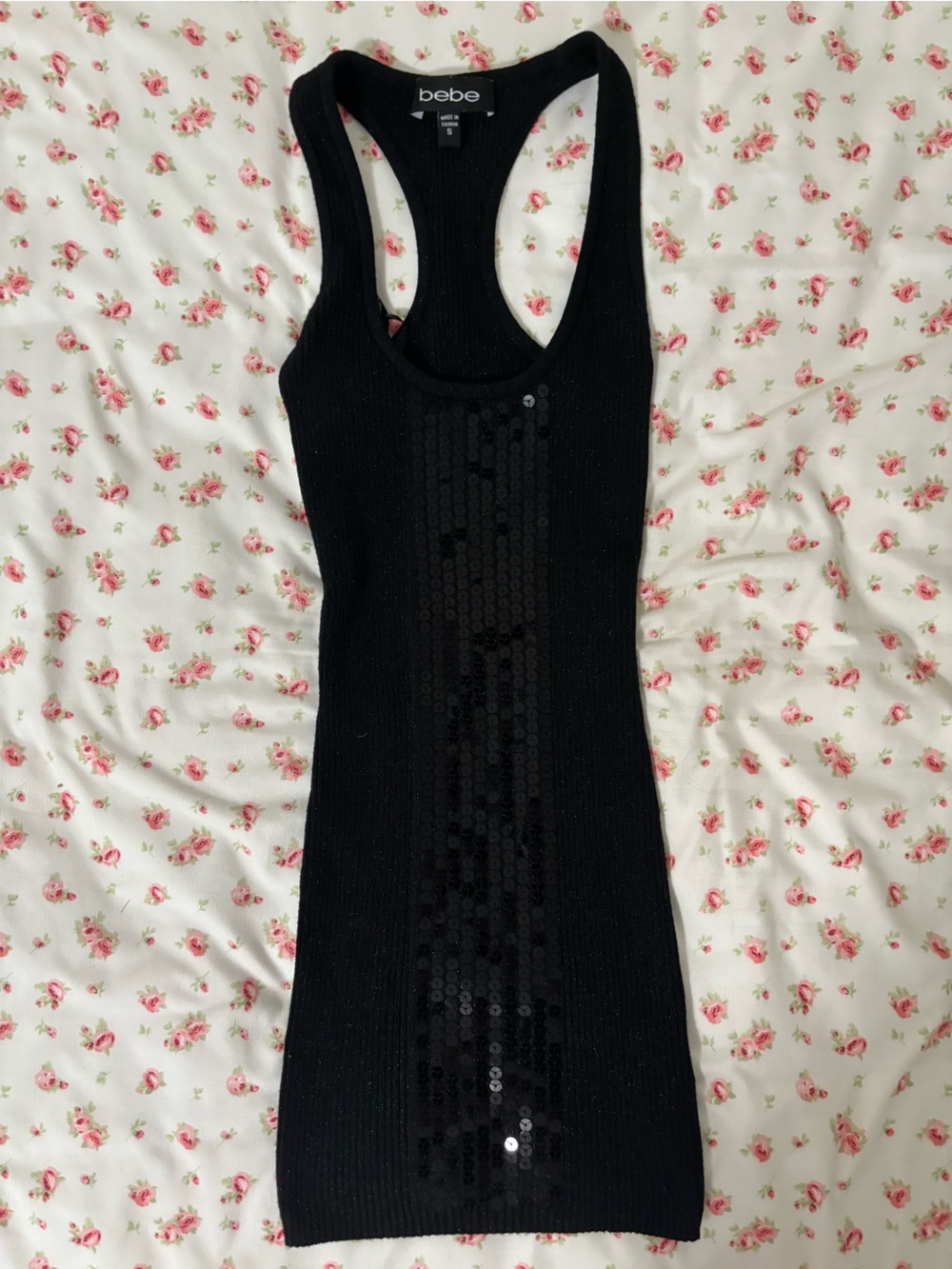 bebe Black Sequin Racerback Tank Dress